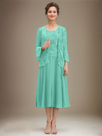 Vestido de gasa con encaje y lentejuelas para madre de la novia, corte A, escote redondo y largo hasta la rodilla 