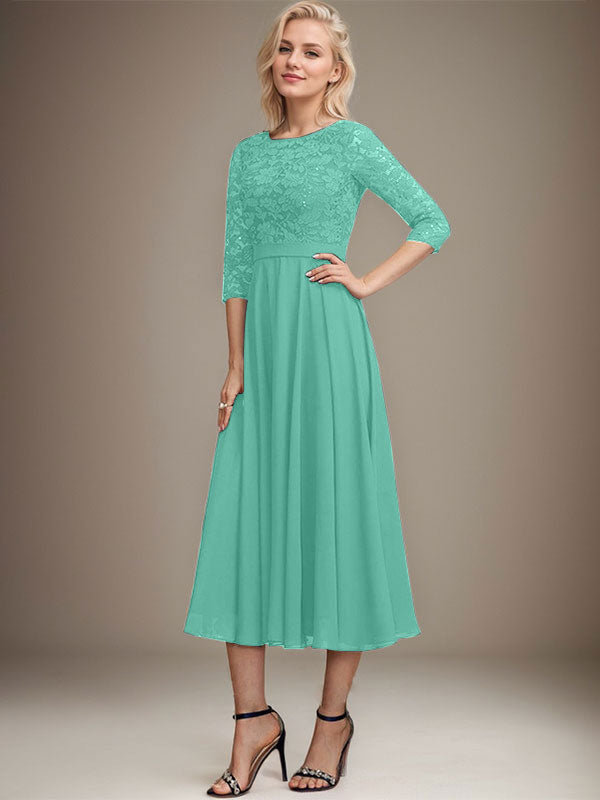 A-Linien-Kleid mit Rundhalsausschnitt, Teelänge, Spitze, Chiffon, Pailletten, für die Mutter der Braut