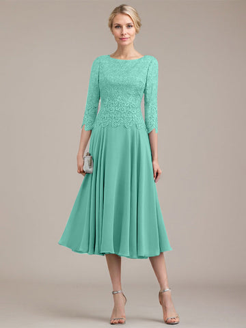 A-Linien-Kleid aus Chiffon mit Rundhalsausschnitt und Teelänge für die Mutter der Braut 