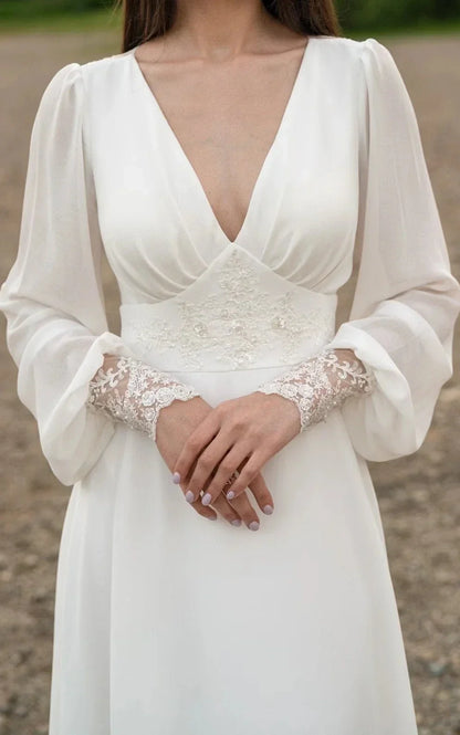A-Line Floor Chiffon Long Sleeve Train Wedding Dress with Sequins