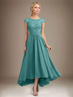 A-Linien-Kleid aus Chiffon mit asymmetrischem, plissiertem Spitzeneinsatz und Illusion-Ausschnitt für die Mutter der Braut 