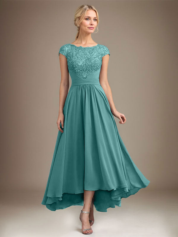 A-Linien-Kleid aus Chiffon mit asymmetrischem, plissiertem Spitzeneinsatz und Illusion-Ausschnitt für die Mutter der Braut 