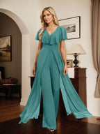 Jumpsuit/Hosenanzug, bodenlanges Chiffon-Abendkleid mit V-Ausschnitt