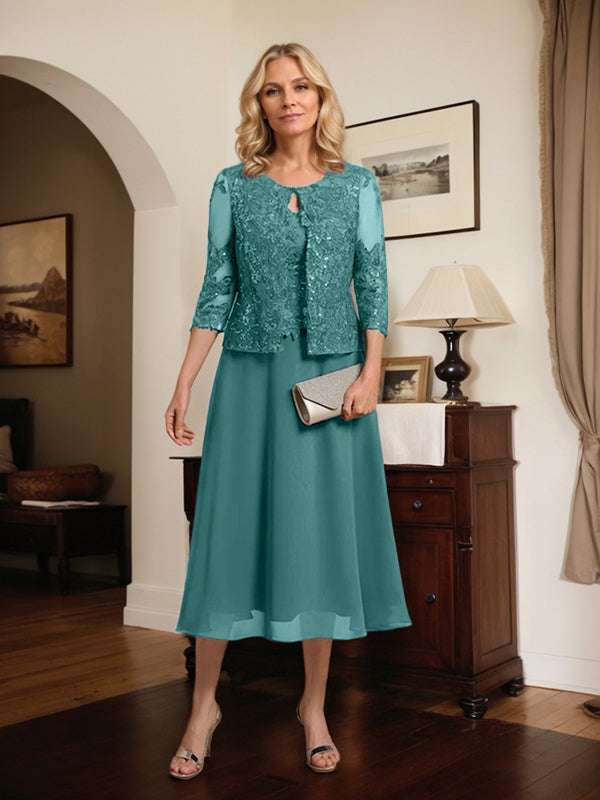 Vestido de gasa con encaje y lentejuelas para madre de la novia, corte A, escote redondo y largo hasta la rodilla 