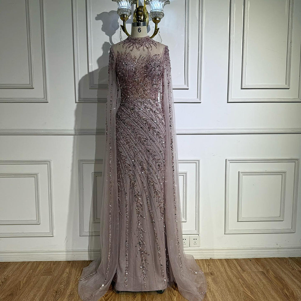 Luxuriöses, nudefarbenes Meerjungfrauen-Abendkleid mit Cape-Ärmeln LA71885A 