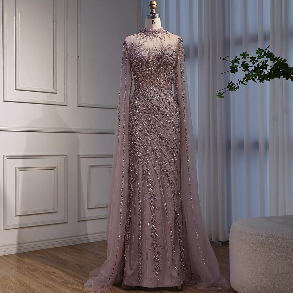 Luxuriöses, nudefarbenes Meerjungfrauen-Abendkleid mit Cape-Ärmeln LA71885A 