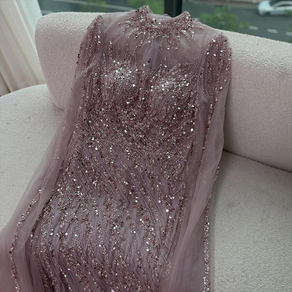 Luxuriöses, nudefarbenes Meerjungfrauen-Abendkleid mit Cape-Ärmeln LA71885A 