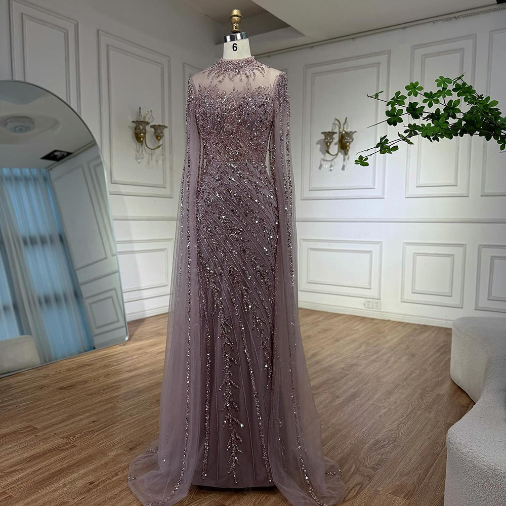 Luxuriöses, nudefarbenes Meerjungfrauen-Abendkleid mit Cape-Ärmeln LA71885A 
