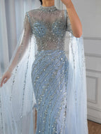 Luxuriöses, nudefarbenes Meerjungfrauen-Abendkleid mit Cape-Ärmeln LA71885A 