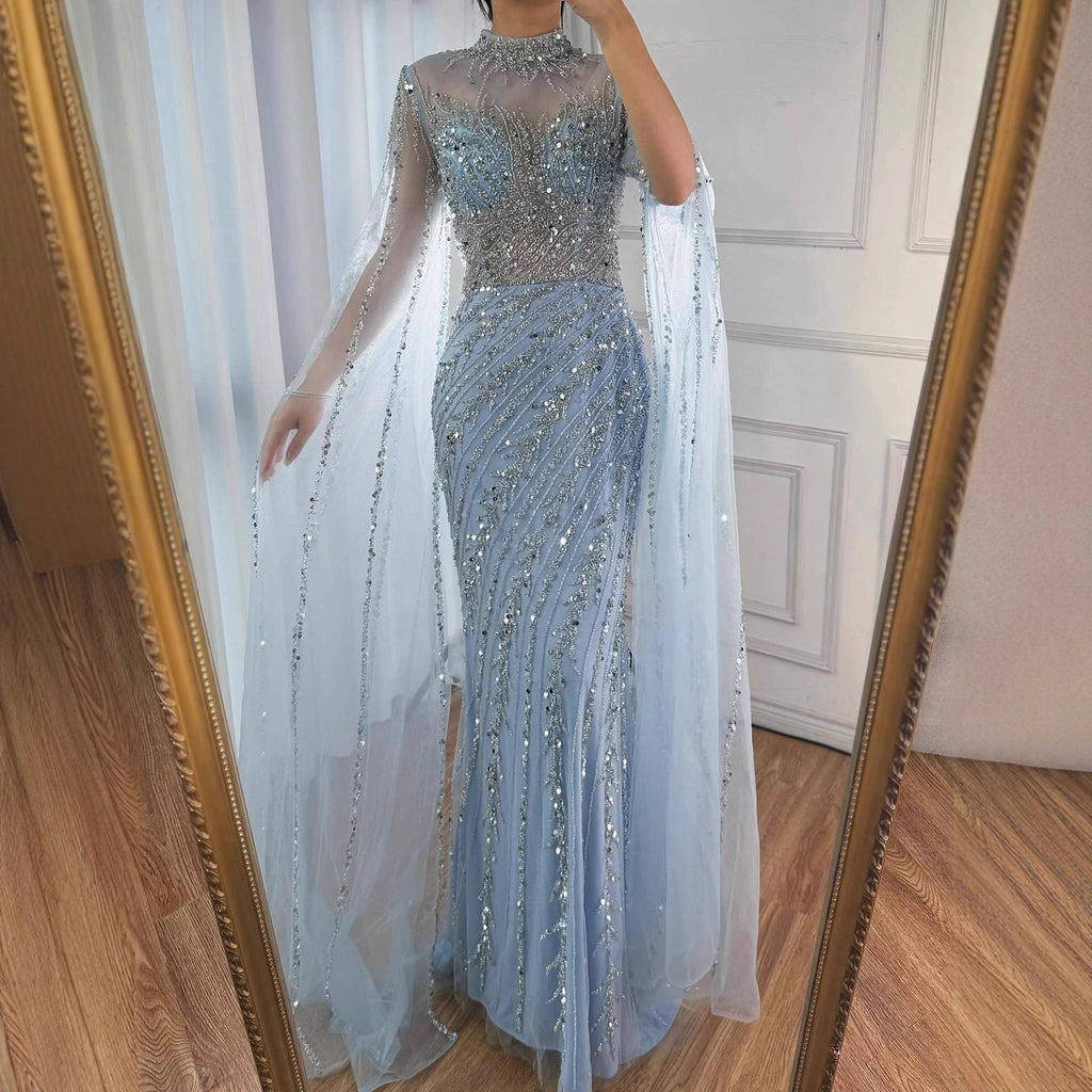 Luxuriöses, nudefarbenes Meerjungfrauen-Abendkleid mit Cape-Ärmeln LA71885A 