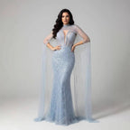 Luxuriöses Abendkleid in Nude, Perlenbesatz, mit Tüllschleppe, LA72189A