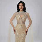 Luxuriöses Abendkleid in Nude, Perlenbesatz, mit Tüllschleppe, LA72189A