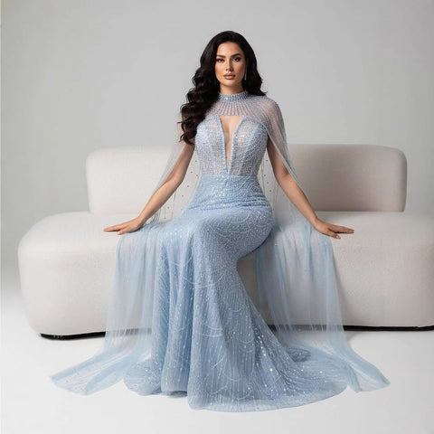 Luxury Evening Dress Nude Pearls Beaded Gown With Tulle Train LA72189A