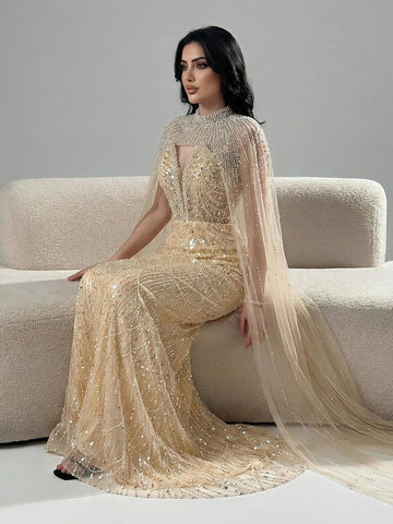 Luxury Evening Dress Nude Pearls Beaded Gown With Tulle Train LA72189A