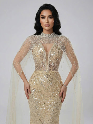 Luxury Evening Dress Nude Pearls Beaded Gown With Tulle Train LA72189A