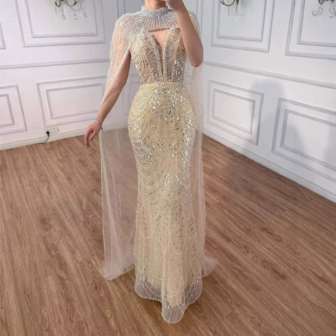 Luxury Evening Dress Nude Pearls Beaded Gown With Tulle Train LA72189A