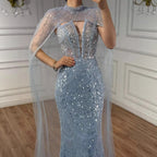 Luxuriöses Abendkleid in Nude, Perlenbesatz, mit Tüllschleppe, LA72189A