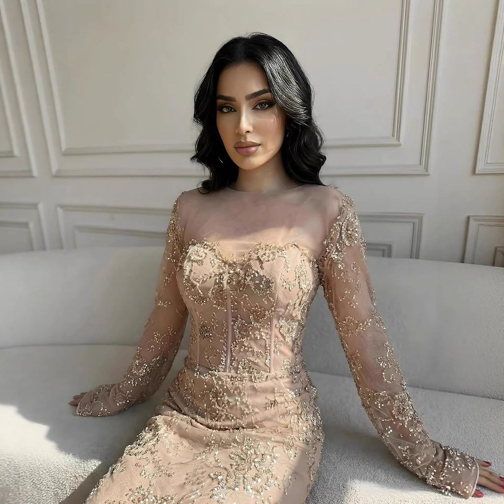 Vestido de noche de sirena con encaje árabe y cuentas, de lujo, con mangas LA72545 