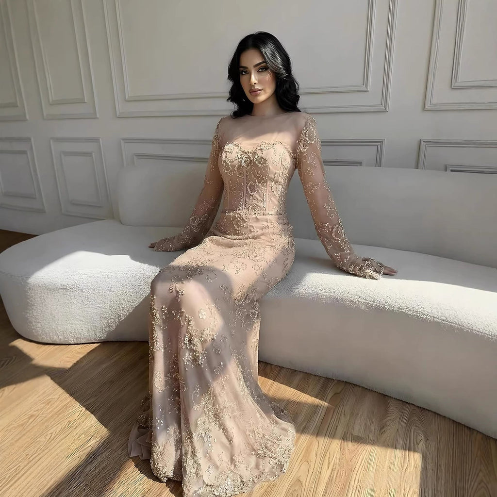 Vestido de noche de sirena con encaje árabe y cuentas, de lujo, con mangas LA72545 