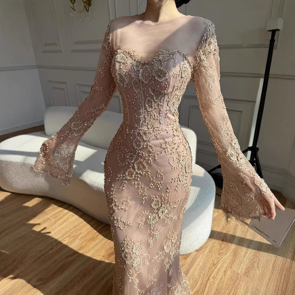 Vestido de noche de sirena con encaje árabe y cuentas, de lujo, con mangas LA72545 