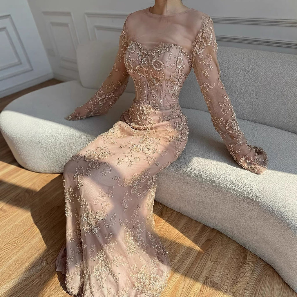 Vestido de noche de sirena con encaje árabe y cuentas, de lujo, con mangas LA72545 