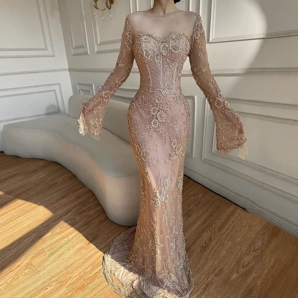 Vestido de noche de sirena con encaje árabe y cuentas, de lujo, con mangas LA72545 