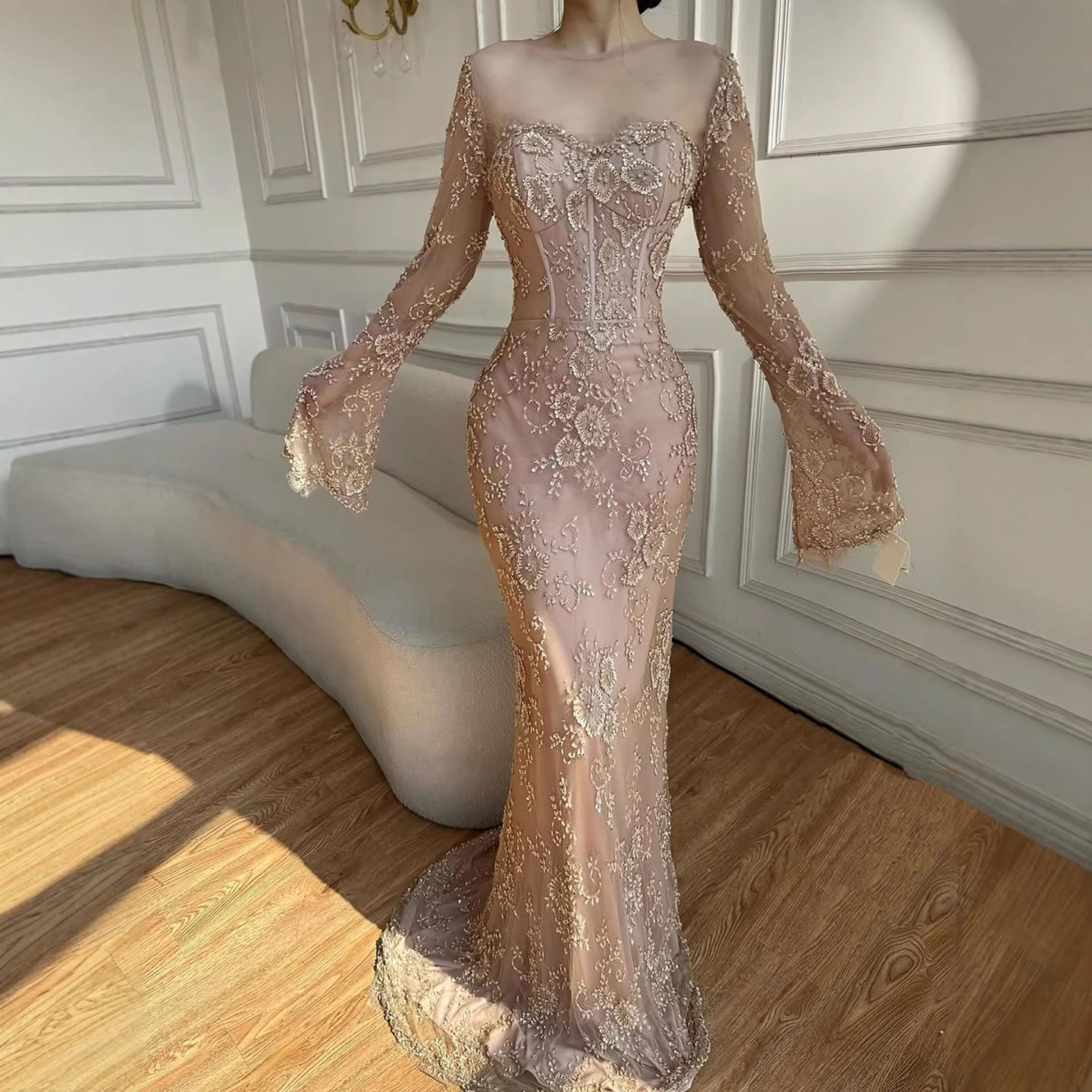Vestido de noche de sirena con encaje árabe y cuentas, de lujo, con mangas LA72545 