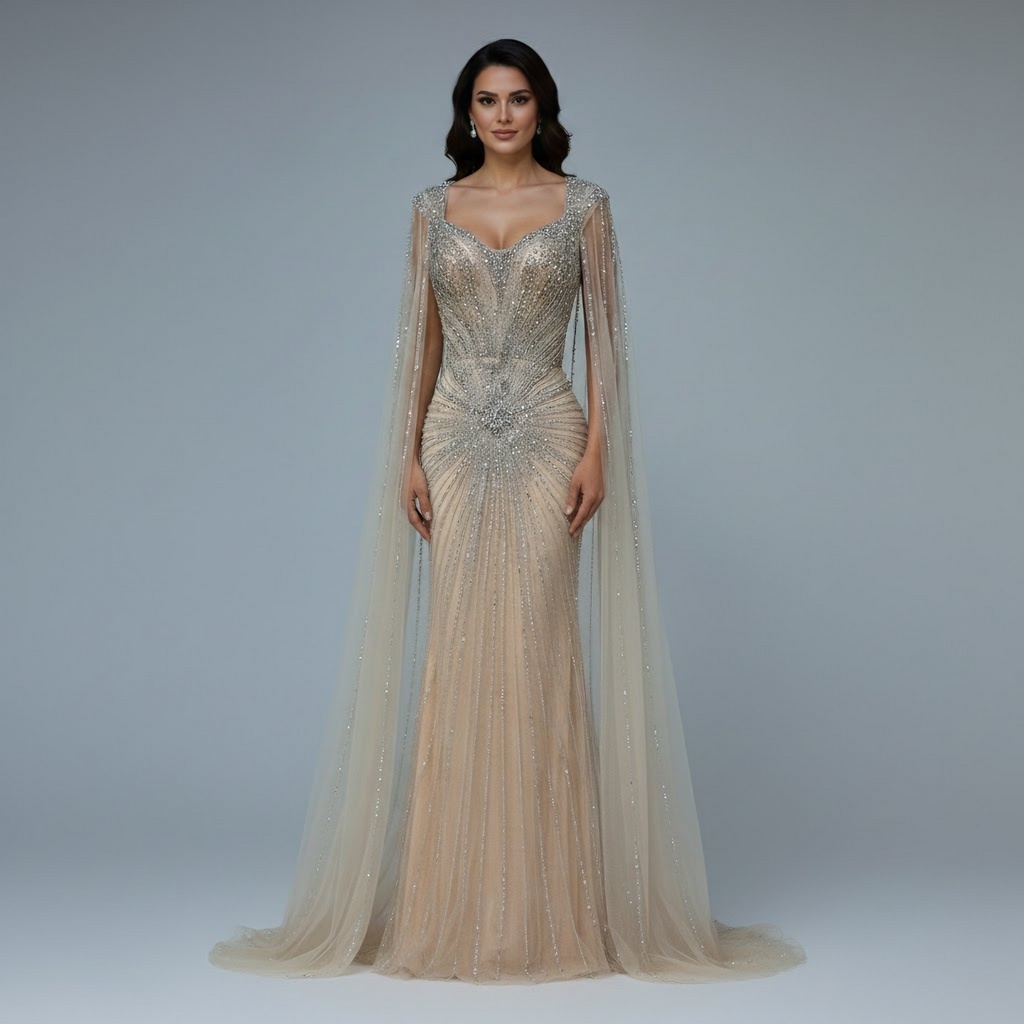 Dubai Luxus-Abendkleid mit hautfarbenen Cape-Ärmeln und Perlenbesatz LA72575A