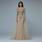Dubai Luxus-Abendkleid mit hautfarbenen Cape-Ärmeln und Perlenbesatz LA72575A