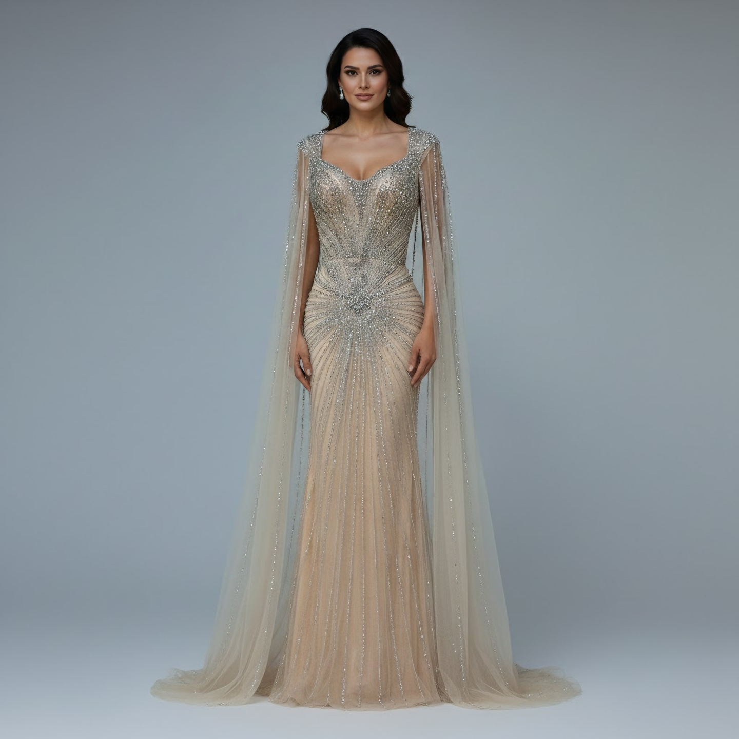 Dubai Luxus-Abendkleid mit hautfarbenen Cape-Ärmeln und Perlenbesatz LA72575A