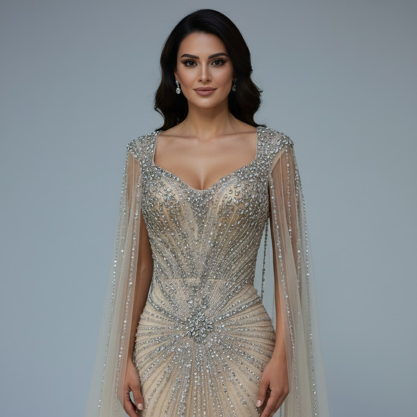 Dubai Luxus-Abendkleid mit hautfarbenen Cape-Ärmeln und Perlenbesatz LA72575A