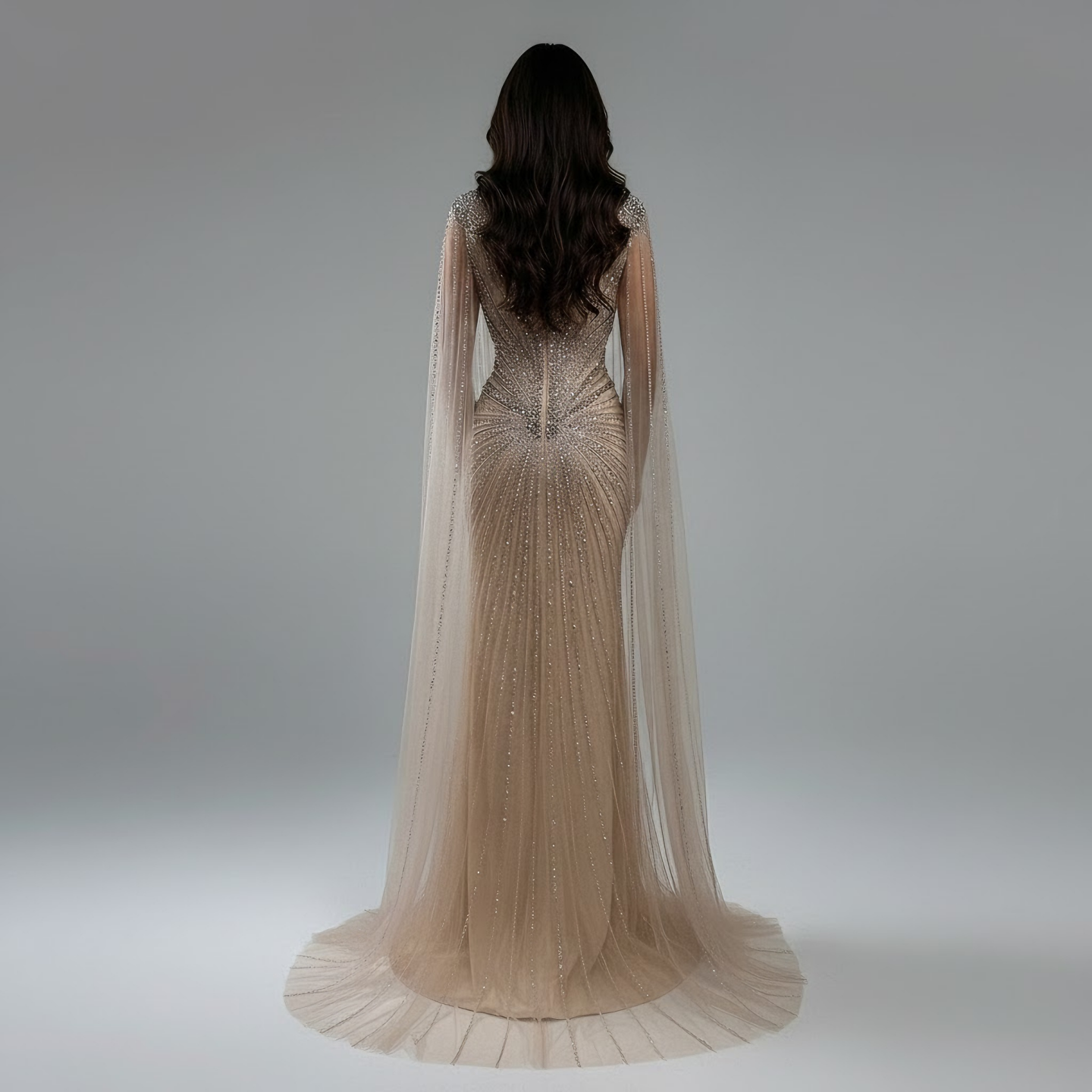 Dubai Luxus-Abendkleid mit hautfarbenen Cape-Ärmeln und Perlenbesatz LA72575A