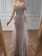 Vestido de noche de sirena con tirantes finos y cuentas de cristal color caramelo de lujo LA72810A
