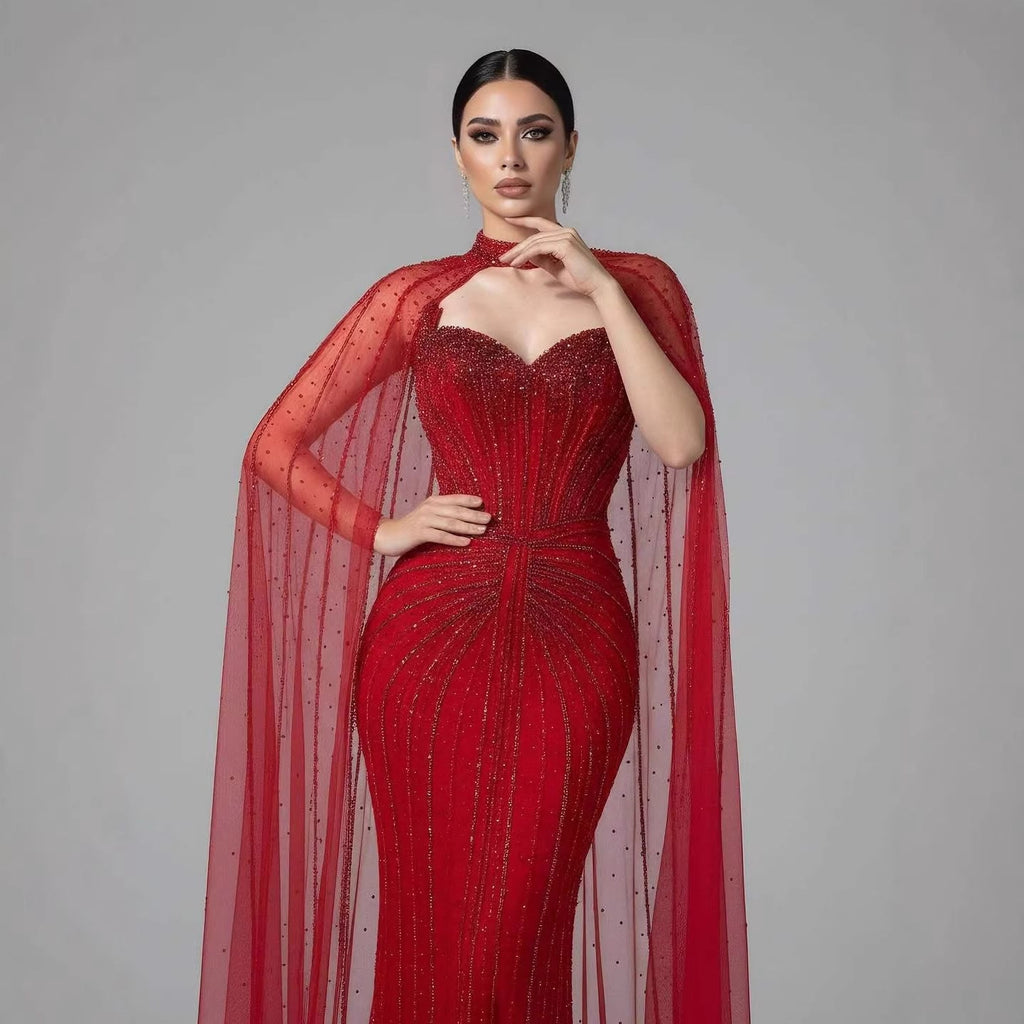 Luxuriöses, karamellfarbenes, perlenbesetztes Abendkleid mit Cape aus Dubai LA72811C