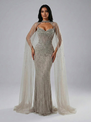 Luxury Dubai Caramel Beaded Evening Dress With Cape LA72811C