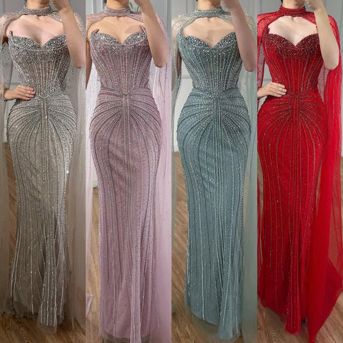 Luxury Dubai Caramel Beaded Evening Dress With Cape LA72811C