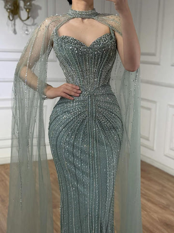 Luxury Dubai Caramel Beaded Evening Dress With Cape LA72811C