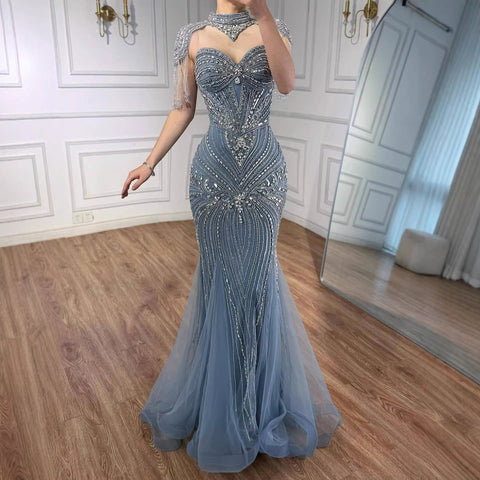 Luxury Nude Beaded High Neck Mermaid Evening Dress LA72897