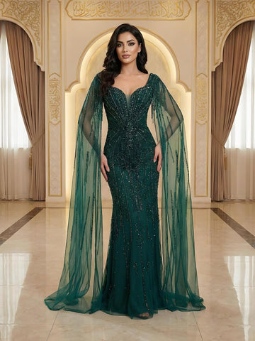 Luxury Caramel Beaded Evening Dress With Cape LA72992A