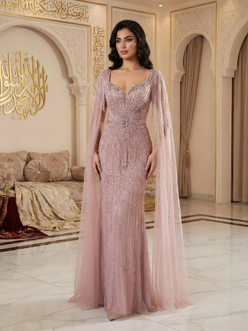 Luxury Caramel Beaded Evening Dress With Cape LA72992A