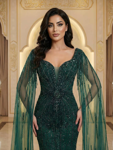 Luxury Caramel Beaded Evening Dress With Cape LA72992A