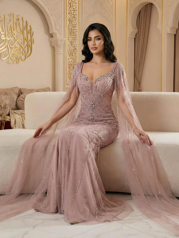 Luxury Caramel Beaded Evening Dress With Cape LA72992A