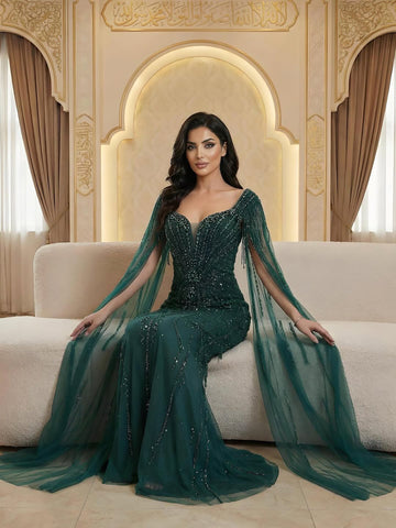 Luxury Caramel Beaded Evening Dress With Cape LA72992A