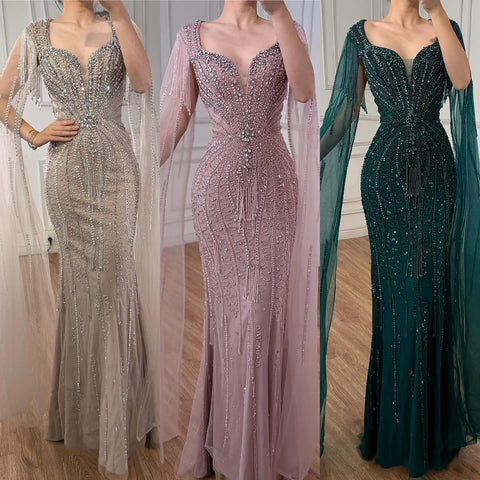 Luxury Caramel Beaded Evening Dress With Cape LA72992A