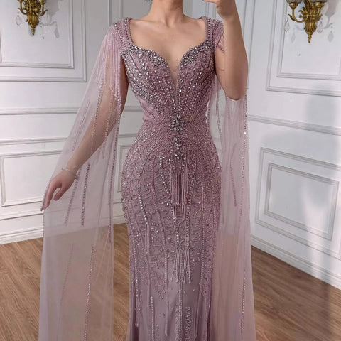 Luxury Caramel Beaded Evening Dress With Cape LA72992A