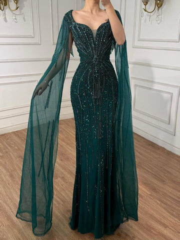 Luxury Caramel Beaded Evening Dress With Cape LA72992A