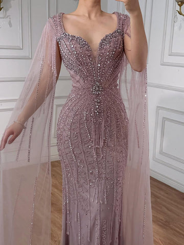 Luxury Caramel Beaded Evening Dress With Cape LA72992A