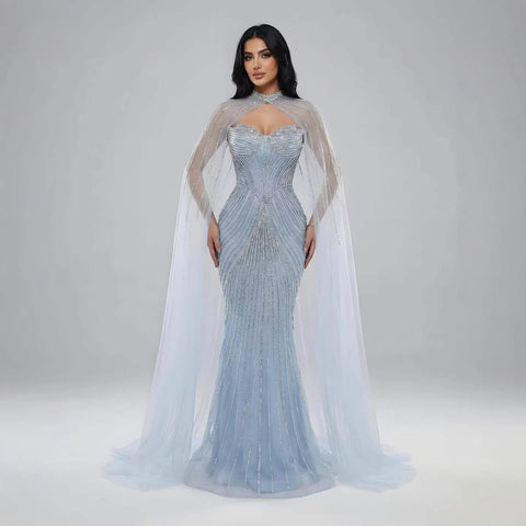 Luxury Nude Mermaid Evening Dress with Cape Sleeves LA73118