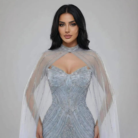 Luxury Nude Mermaid Evening Dress with Cape Sleeves LA73118