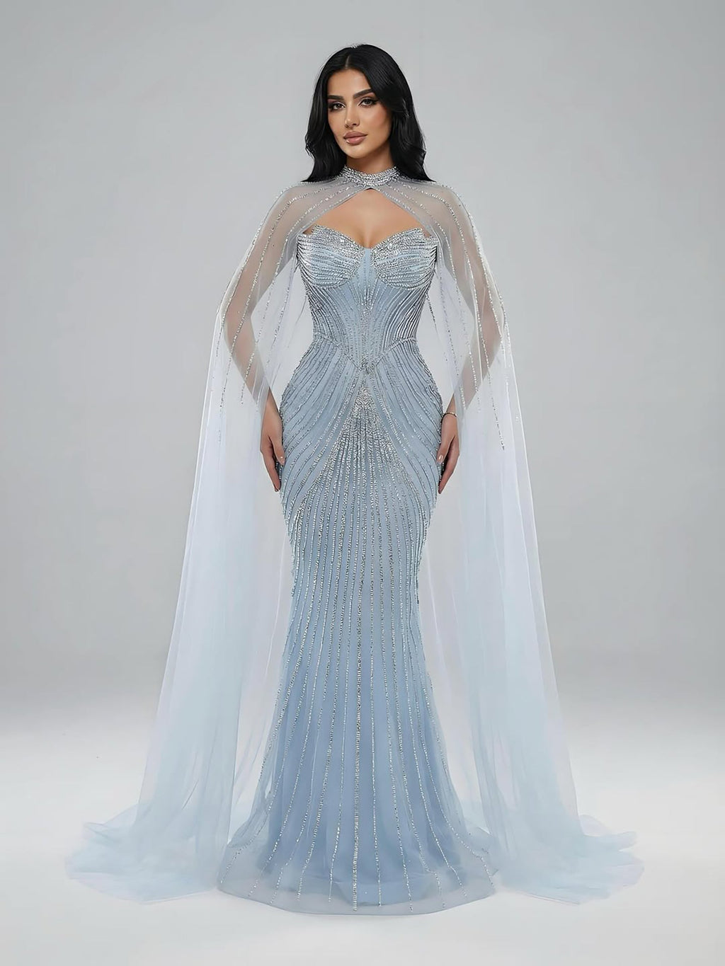 Luxuriöses, nudefarbenes Meerjungfrauen-Abendkleid mit Cape-Ärmeln LA73118